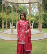 Premium designer printed with sequins & thread embroidered work kurti plazoo & dupatta