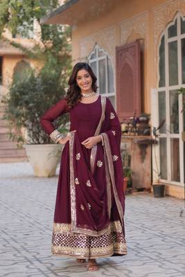 Premium designer faux blooming with embroidery zari sequins work gown 1