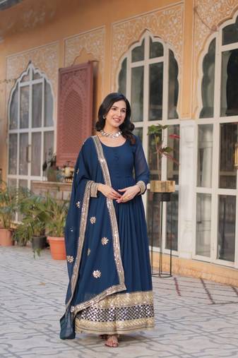 Premium designer faux blooming with embroidery zari sequins work gown