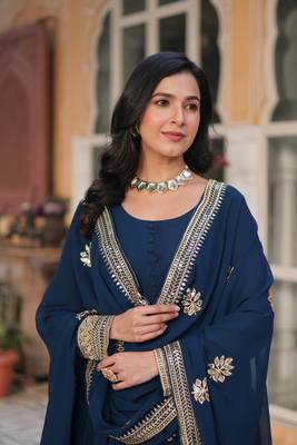 Premium designer faux blooming with embroidery zari sequins work gown 4