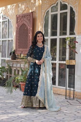 Premium designer faux blooming with embroidery zari sequins work gown