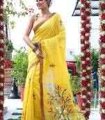 Women's yellow pure silk by pure matka handweaving jamdani saree