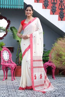 Women's white red pure cotton anchal jamdani buti putul design saree 1