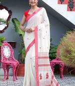 Women's white red pure cotton anchal jamdani buti putul design saree