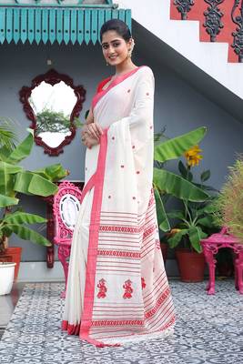 Women's white red pure cotton anchal jamdani buti putul design saree 2