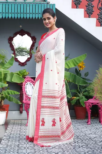 Women's white red pure cotton anchal jamdani buti putul design saree