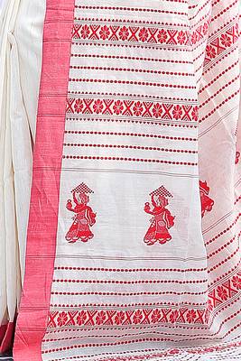 Women's white red pure cotton anchal jamdani buti putul design saree 4