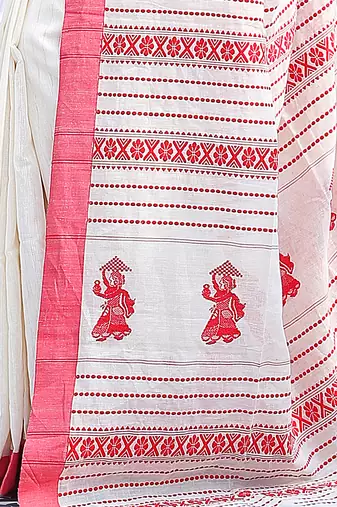 Women's white red pure cotton anchal jamdani buti putul design saree