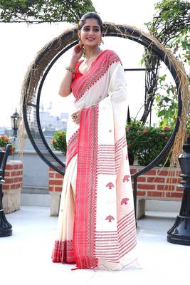 Women's white red pure cotton traditional tangail saree 1