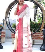 Women's white red pure cotton traditional tangail saree