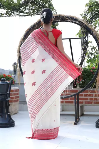 Women's white red pure cotton traditional tangail saree