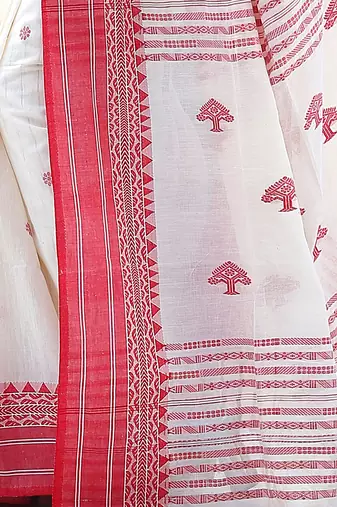 Women's white red pure cotton traditional tangail saree