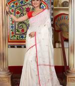 Women's white red pure cotton by handspan cotton jamdani saree