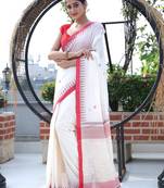 Women's white red pure cotton handweaving temple saree