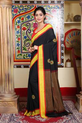 Women's black mercerised cotton sunflower jamdani buti saree 2