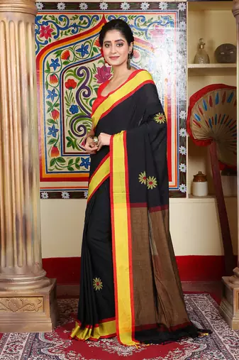 Women's black mercerised cotton sunflower jamdani buti saree