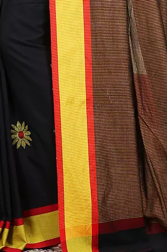 Women's black mercerised cotton sunflower jamdani buti saree