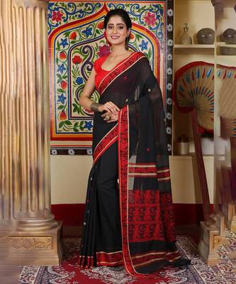 Women's black pure cotton authentic baluchuri saree 1