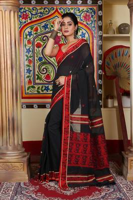 Women's black pure cotton authentic baluchuri saree 2