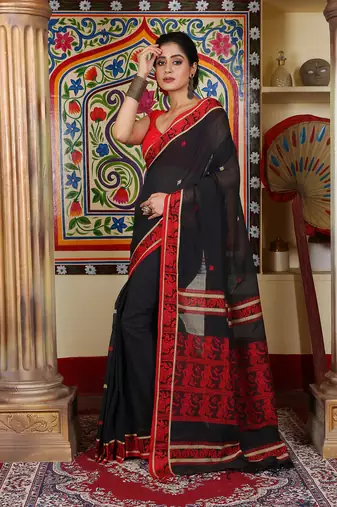 Women's black pure cotton authentic baluchuri saree