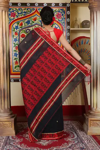 Women's black pure cotton authentic baluchuri saree