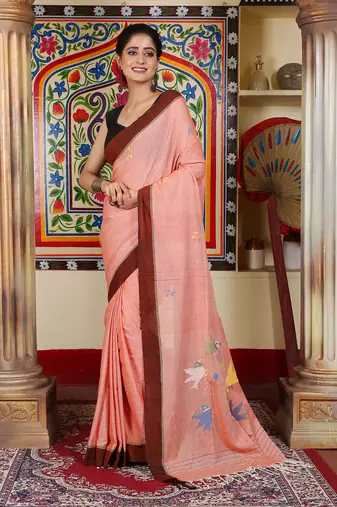 Women's orange cotton by handspan cotton jamdani saree