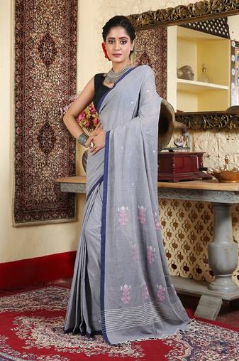 Women's grey cotton premium jamdani saree