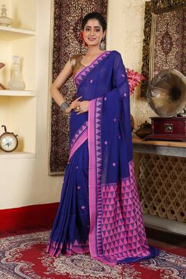 Women's blue cotton tangail temple par saree 1