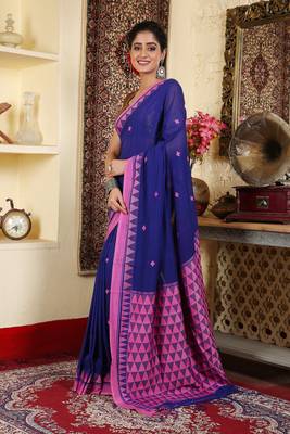 Women's blue cotton tangail temple par saree 2