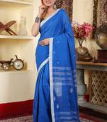 Women's blue cotton tangail anchal matka jamdani buti saree