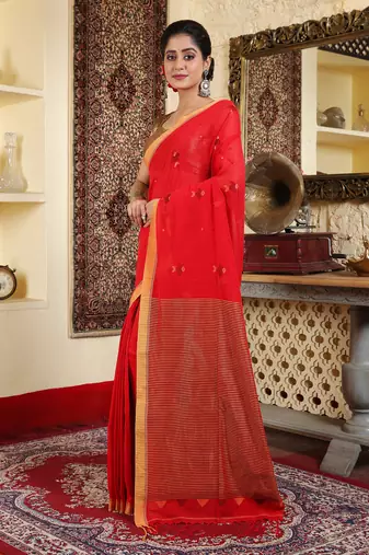 Women's red cotton tangail machh jamdani buti saree