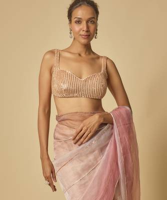 Brown, beige, pink ombre tissue embroidered ombre pre-stitched saree with embroidered blouse 2