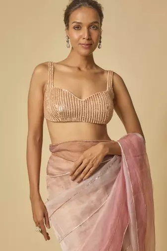 Brown, beige, pink ombre tissue embroidered ombre pre-stitched saree with embroidered blouse