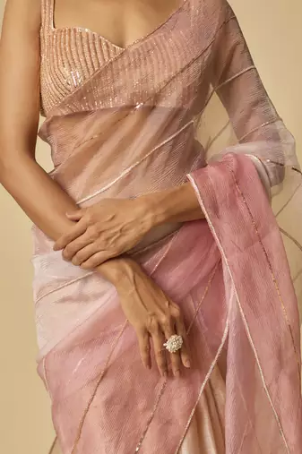 Brown, beige, pink ombre tissue embroidered ombre pre-stitched saree with embroidered blouse