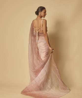 Brown, beige, pink ombre tissue embroidered ombre pre-stitched saree with embroidered blouse 4