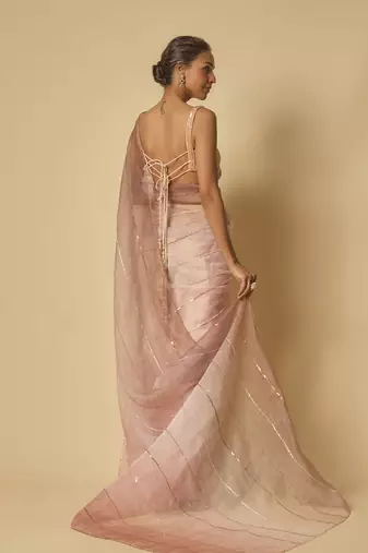 Brown, beige, pink ombre tissue embroidered ombre pre-stitched saree with embroidered blouse