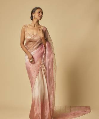 Brown, beige, pink ombre tissue embroidered ombre pre-stitched saree with embroidered blouse 5