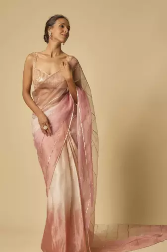 Brown, beige, pink ombre tissue embroidered ombre pre-stitched saree with embroidered blouse