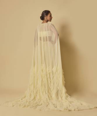 Yellow heavy embroidered gharara with blouse and ruffle cape 4
