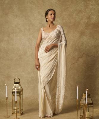 Butter yellow heavy embroidered pre-stitched saree with embroidered blouse 1