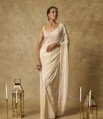 Butter yellow heavy embroidered pre-stitched saree with embroidered blouse