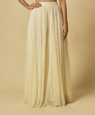 Yellow heavy embroidered gharara with blouse and ruffle cape 5