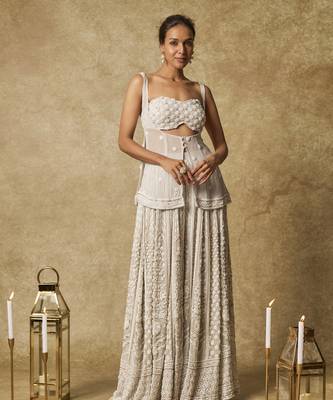 Grey heavy embroidered gharara with tunic and blouse 1