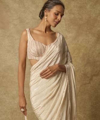 Butter yellow heavy embroidered pre-stitched saree with embroidered blouse 2