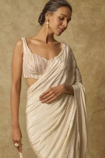 Butter yellow heavy embroidered pre-stitched saree with embroidered blouse