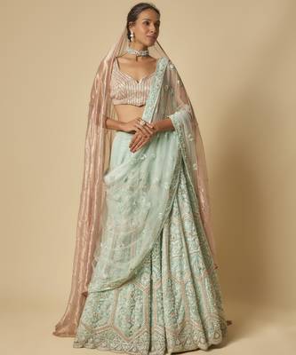 Mint Heavy Embroidered Lehenga Set With Two Dupatta 1