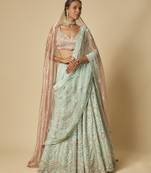 Mint Heavy Embroidered Lehenga Set With Two Dupatta