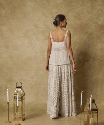 Grey heavy embroidered gharara with tunic and blouse 4