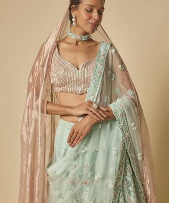 Mint Heavy Embroidered Lehenga Set With Two Dupatta 2
