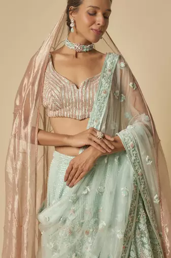 Mint Heavy Embroidered Lehenga Set With Two Dupatta